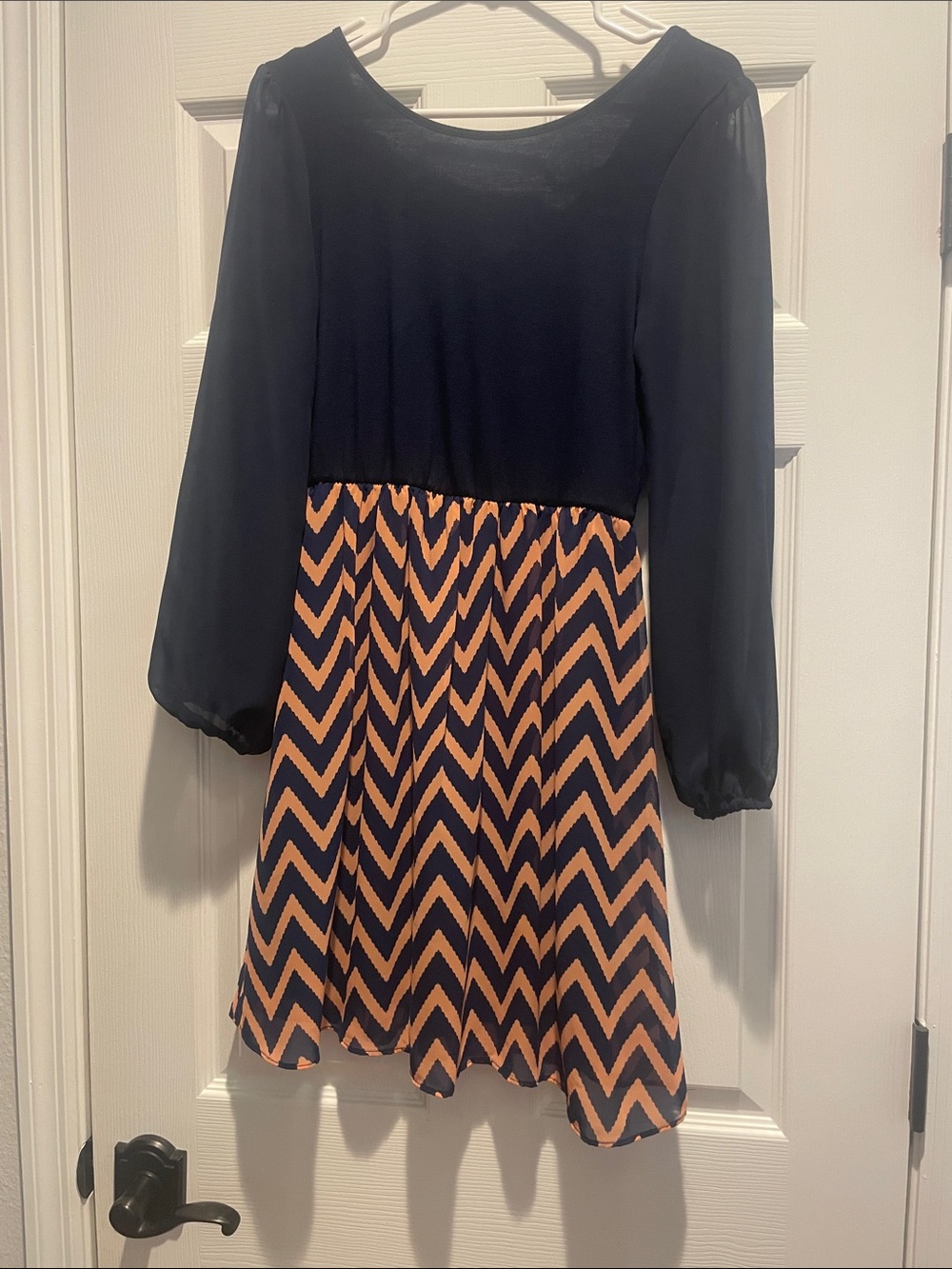 Ing navy dress with orange chevron skirt long-sleeve dress